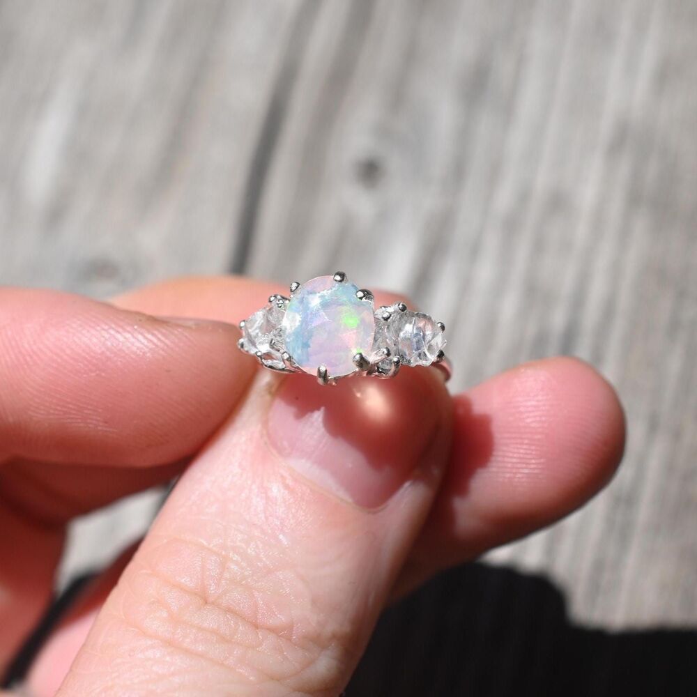 Engagement ring Opal and Lake County diamond ring, unique anniversary gift, size